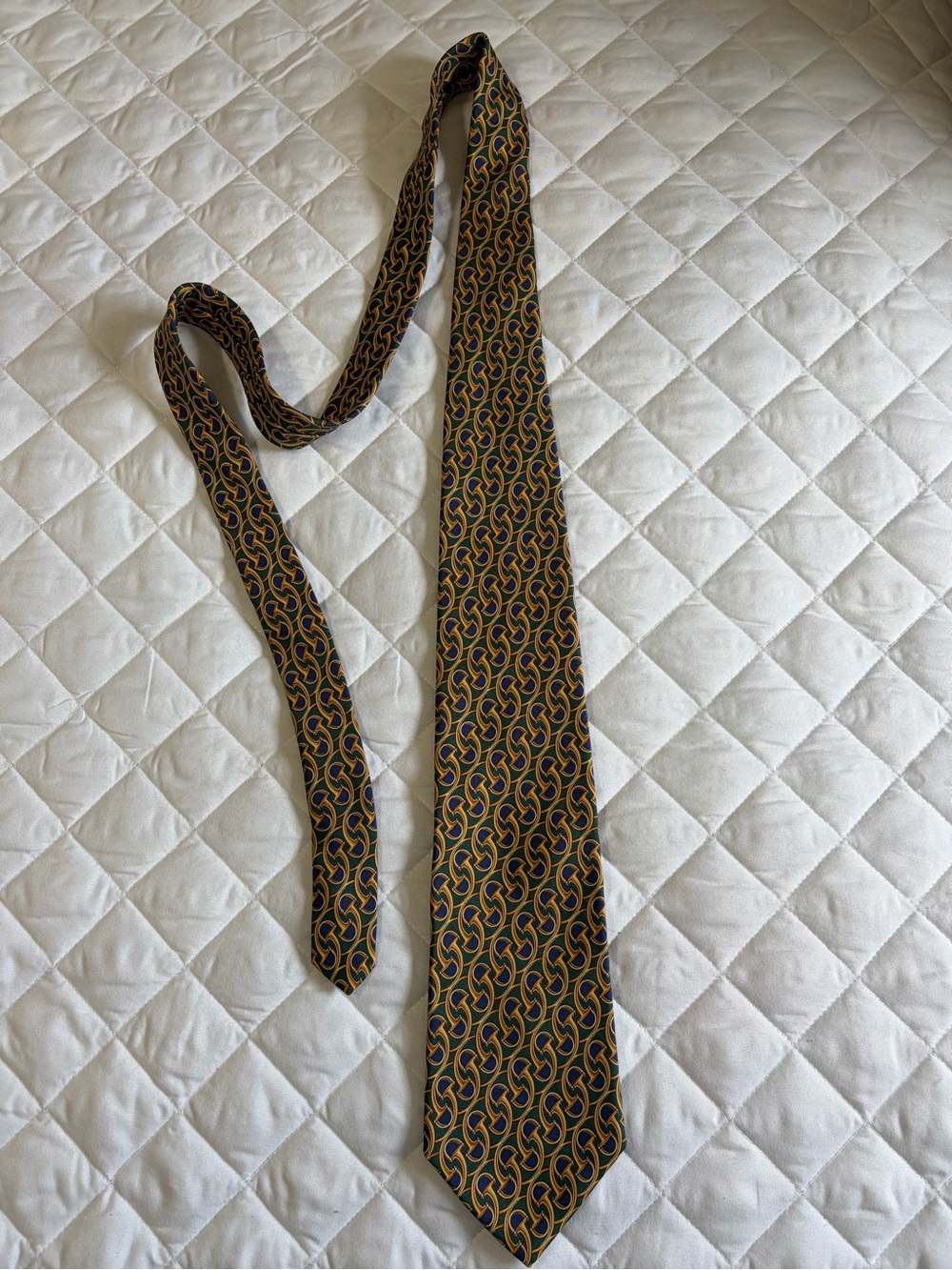 Brooks Brothers Silk Tie in Navy, Gold, & Green Equestrian Stirrup Pattern